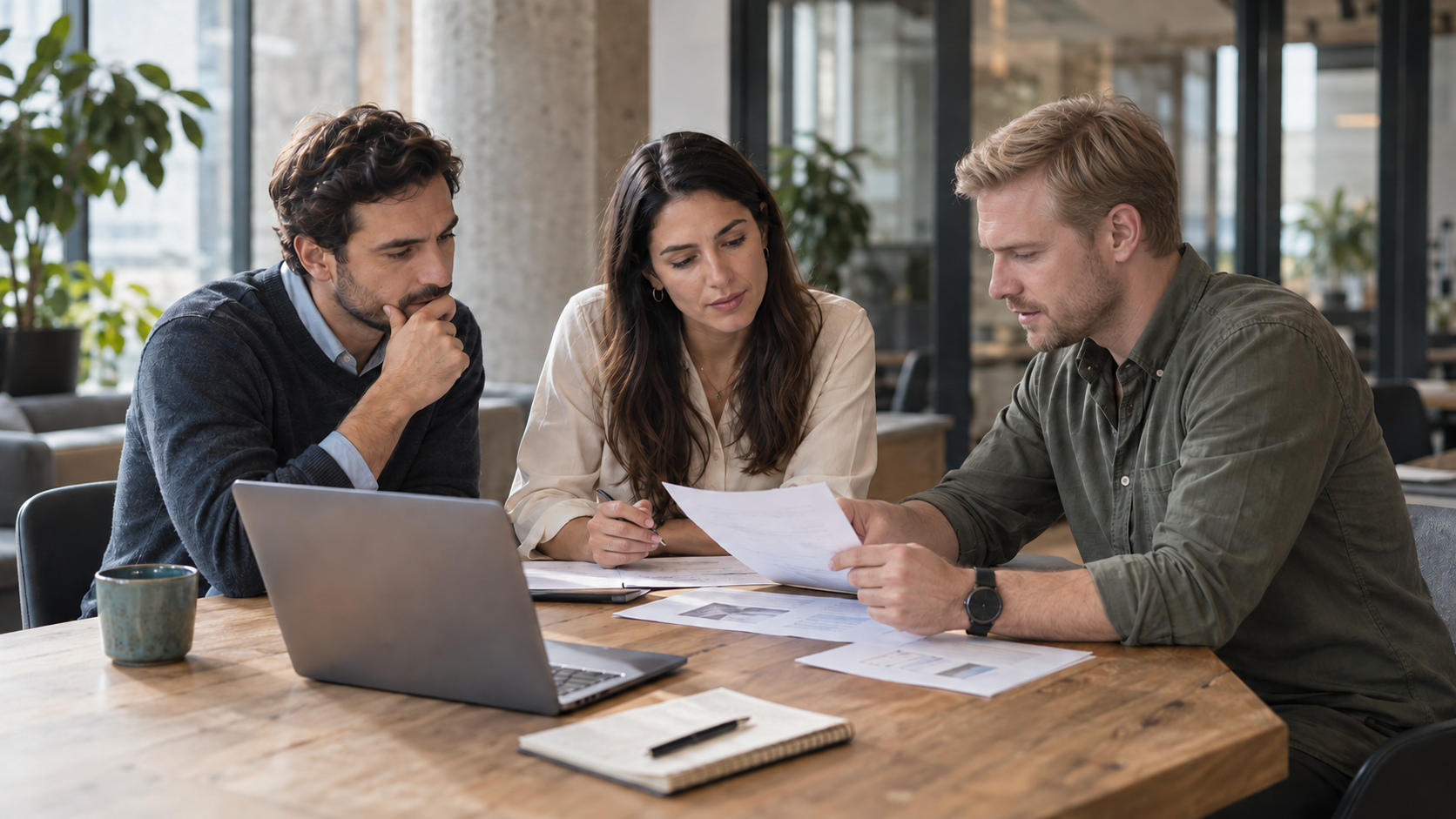 Three business professionals reviewing a proposal around a meeting table.