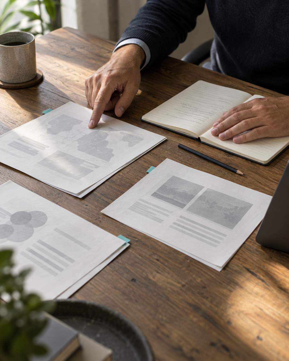 Hands reviewing research documents beside an open notebook on a wooden table.